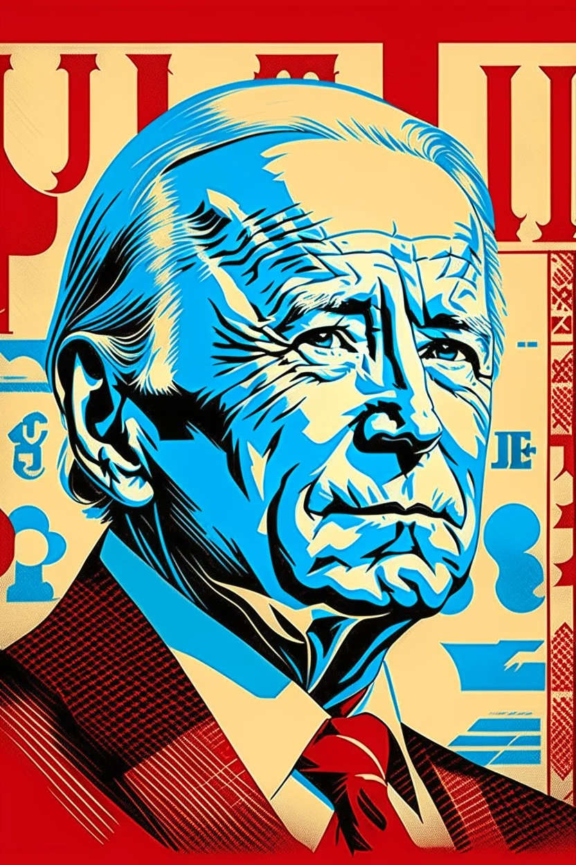 stylized stencil portrait of Joe biden in solid red, beige and (light and dark) blue with the cyrillic charachters for the word "obey" overlaid on the bottom of the image in red