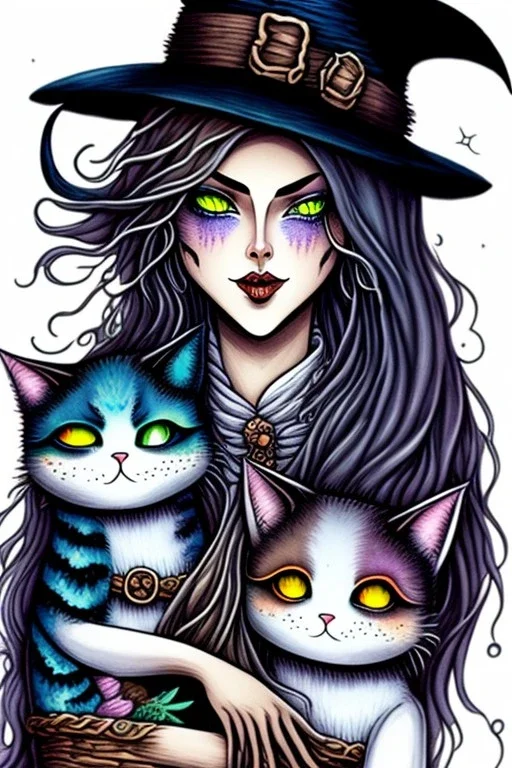 Cute friendly witch, playing with cute cats, perfect eyes, perfect iris, ink and pencil, style Elisabeth Kreitz