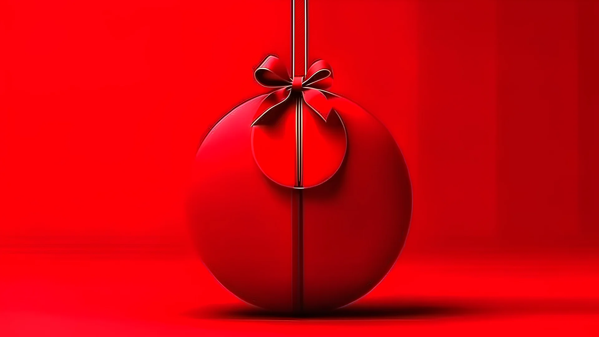 Blank red round sign hanging with red ribbon and bow isolated on dark red background minimal christmas decorations conceptual 3D rendering