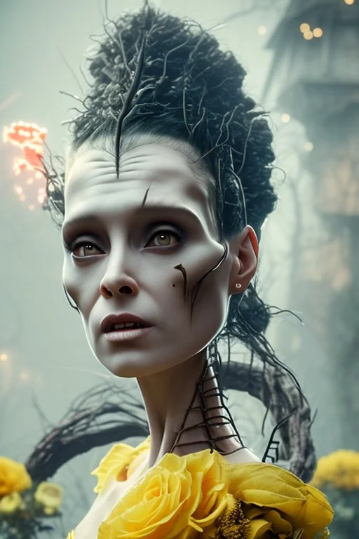 4K Ultra-HD, Hyper realistic, cinematic lighting -- the bride of Frankenstein , short, bowl-cut black hair, dead eyes, Yellow skirt, blue blouse with short poofy sleeves, extremely pail skin, wilted Rose pedals, gloomy, foggy, Castle, Full body image -- 4k, stunning, dramatic lighting, dramatic background, cinematic, atmospheric, very detailed, historic, powerful, octane rendering, exquisite detail, 30 - megapixel, 4k, 85 - mm - lens, sharp - focus, intricately detailed