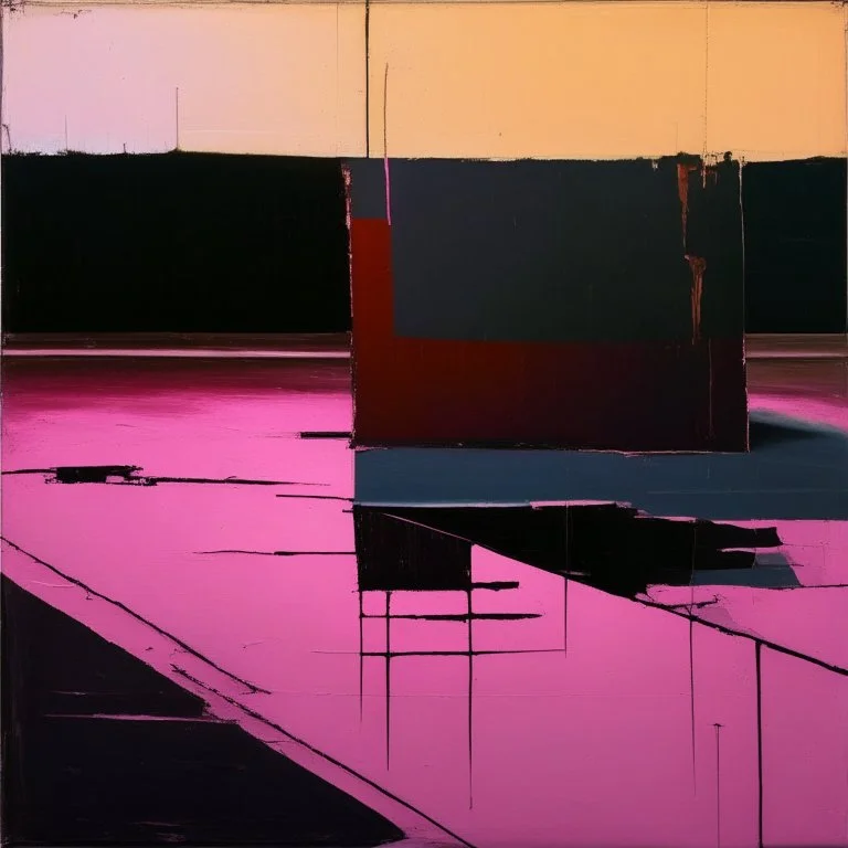 Minimal contemporary abstract oil paintings desolate 1960s carpark concrete fragments at dusk sunset. In the style of Justin Mortimer and Francis Bacon. road markings.