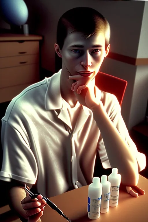 A young man In his thirties, his chin is of medium length sitting on a chair giving himself an injection, medicines and drugs on the table next to him, 8k, finely detailed, photo realistic,The scene is from the 1990's .