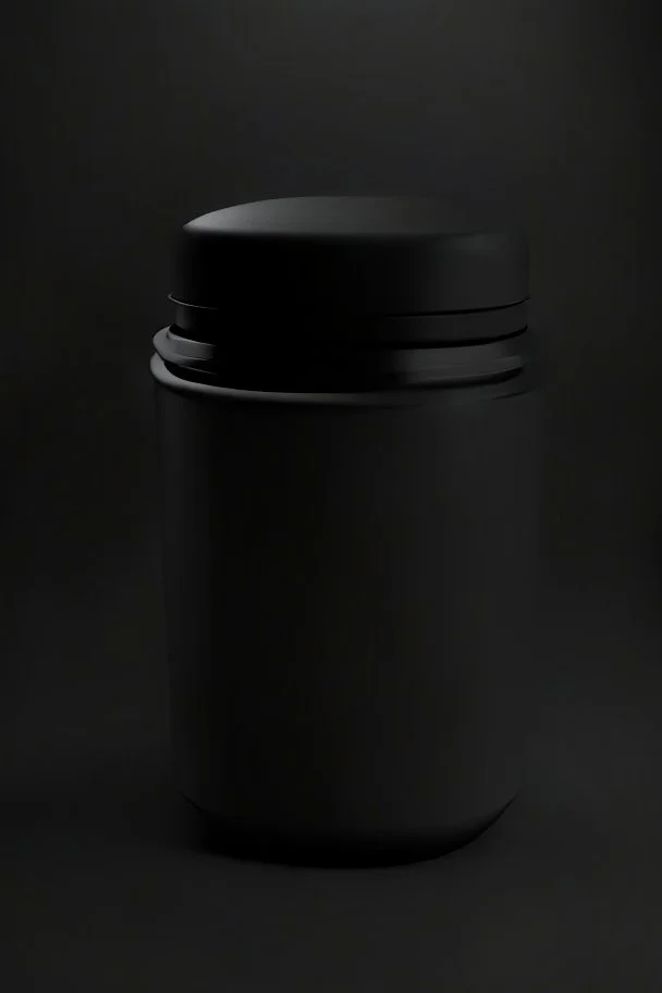 Black protein powder container, lid is not fully closed, screw lid, round container, black studio, black background, dark setting, no labels on the container, very detailed, realism, high quality