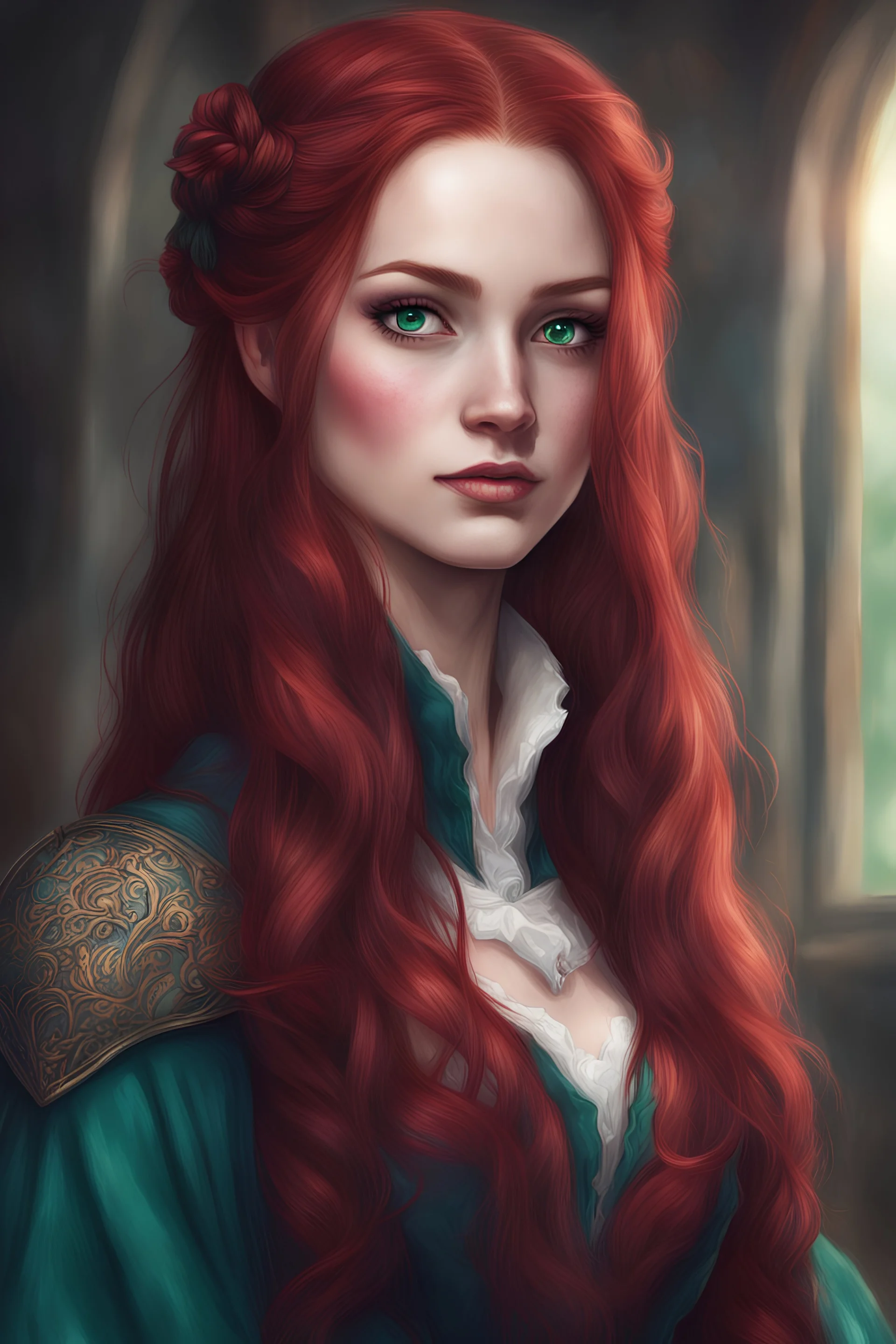 {{Woman}}, Female, Fair Complexion Skin Tone, Long Hair, Dark Red Hair, Adult, {{Perfect blend of Rose Dewitt Butaker+Madelaine Petsch}}, {{Emerald Green Eyes}}, Blue Cloth Medieval Attire, Digital Art