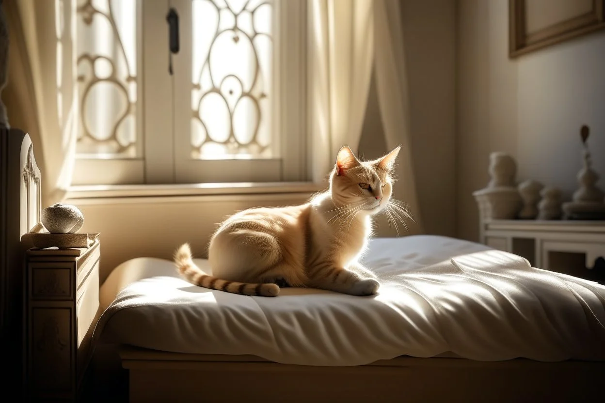 Lifelike cat-shaped bed with a cat lying on it in an elegant bedroom, bedside table, window, pictures on the walls in sunlight.