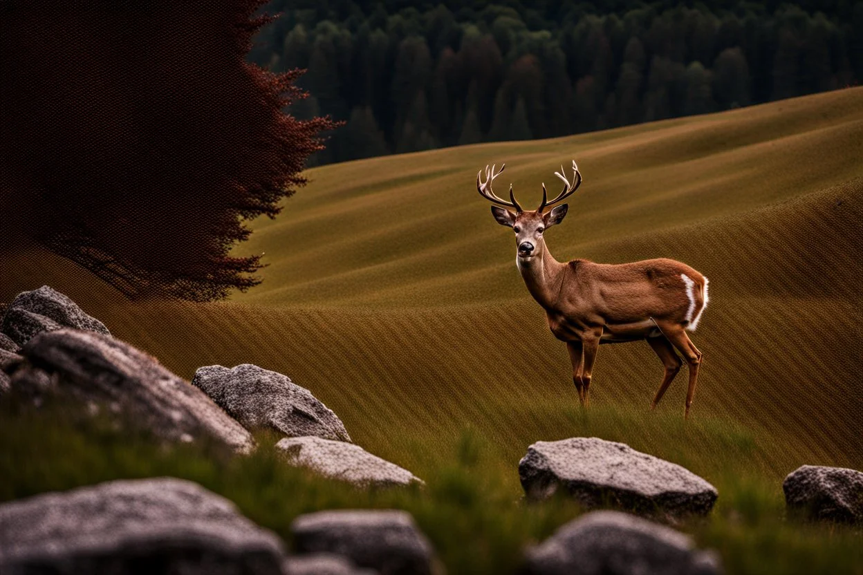 deer in forest next to rocks and grass fields