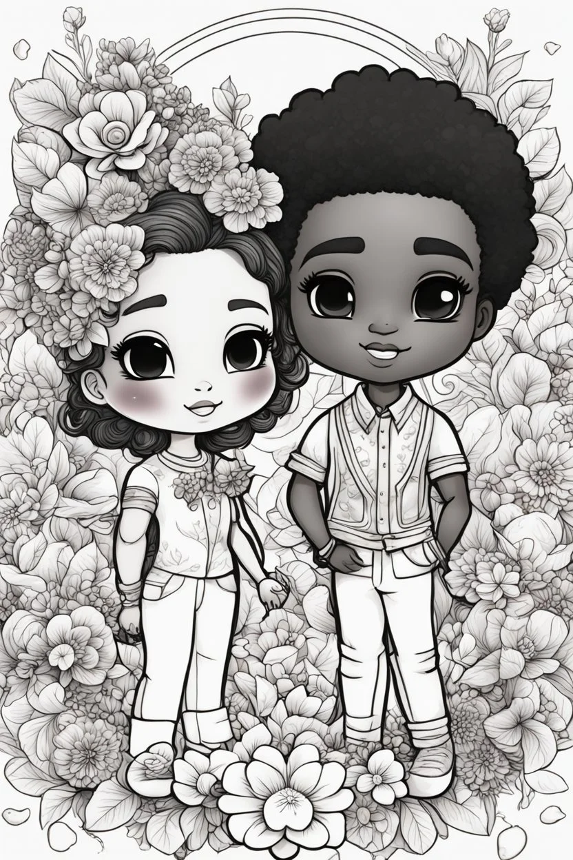 create a outlined coloring page of a chibi black characters of a couple surrounded by flowers. Pay attention to the details of the faces and flowers and the emotions conveyed by the couple. White background, sketch style, half of body, use outline, Mandala style, clean line art, no shadows, no coloring, no shading, no grey.