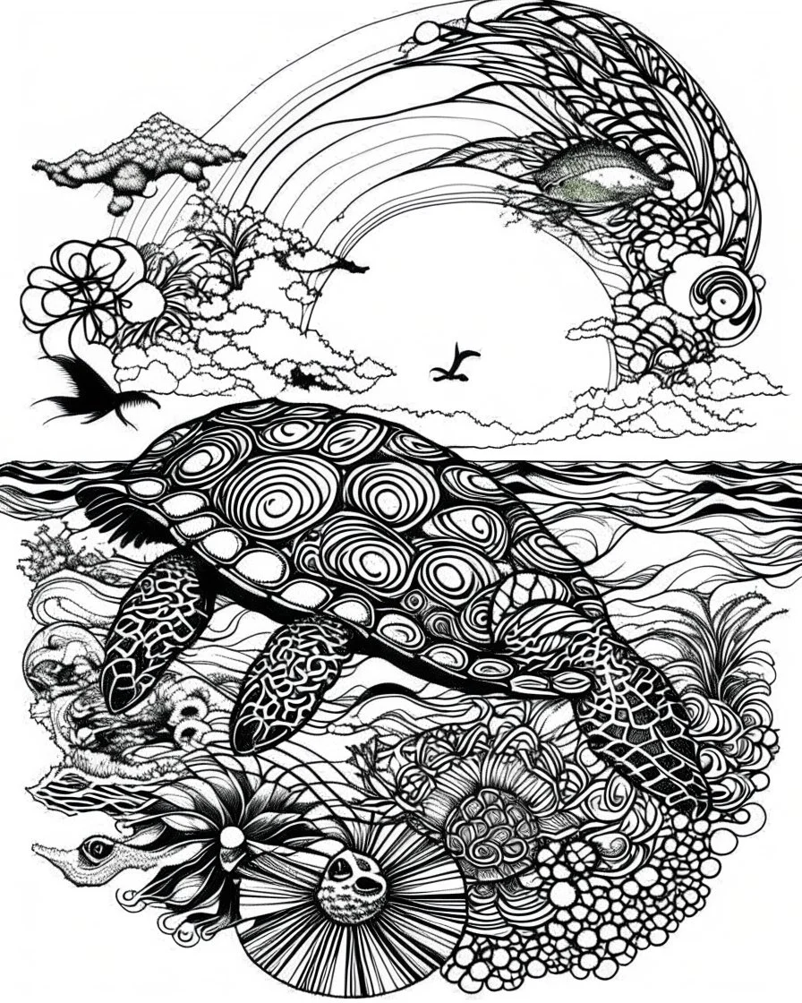 coloring pages for kids, Pacific island shaped Japanese ink painting,, splashed paint, tropical beach, paradise, sea turtles, yellow sun, a Polynesian warrior , Art drawing ; ink , super detailed, text a the bottom “Tonga”, anime cartoon style, thick lines, low detail, black and white, no shading, --ar 85:110