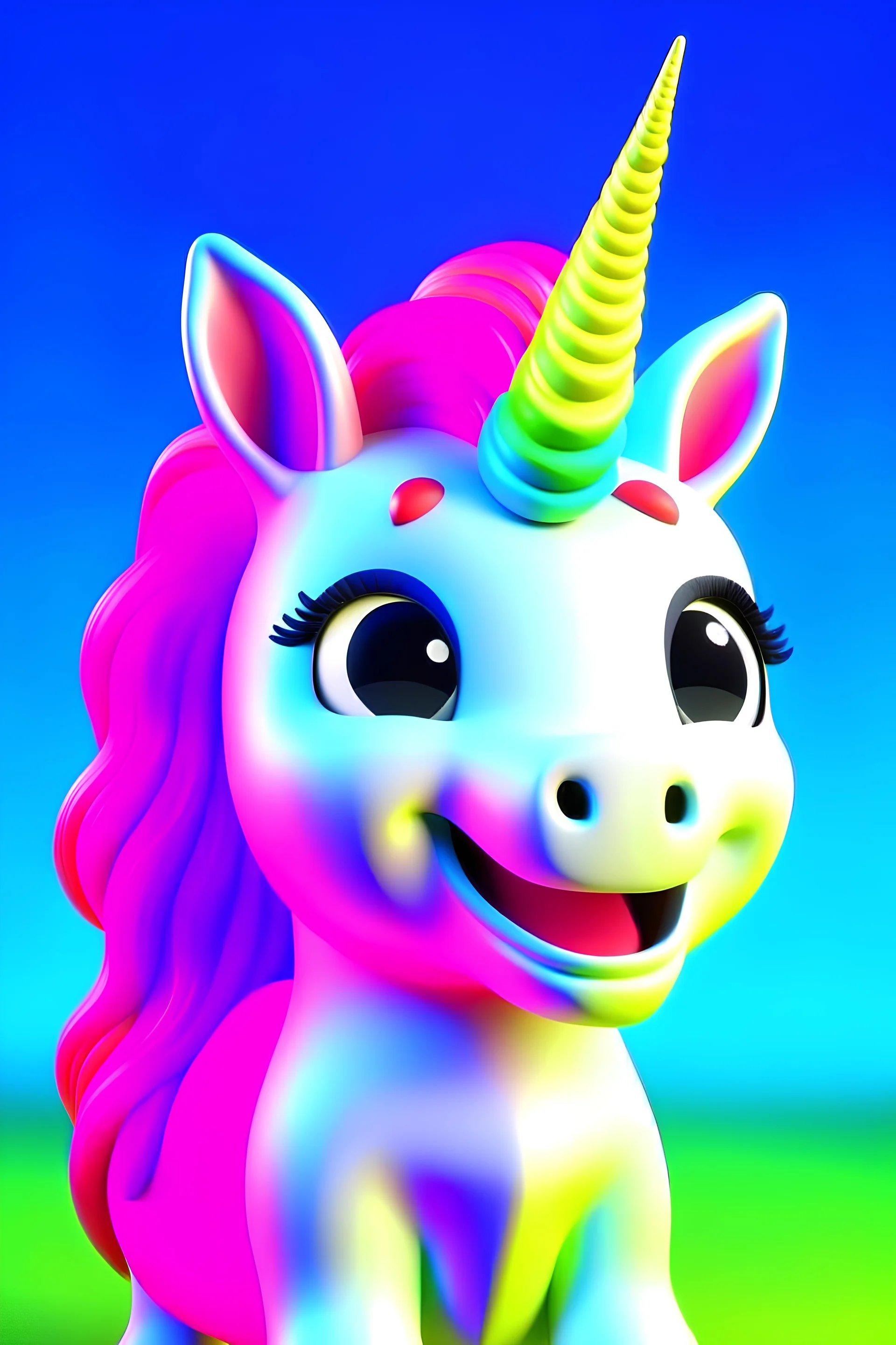 3d Cartoon, ultra quality. hyper realistic, low smiling, Pixar style, Rambow color background, highlight, details.4k, colorful, dreamy shiny background, cute baby unicorn.With long colored manes.