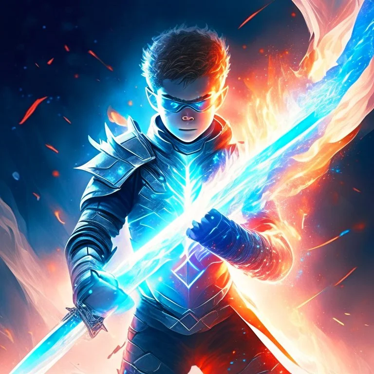 A superhero boy with infinite power and technology from the galactic race, with a double-edged sword of fire and ice.