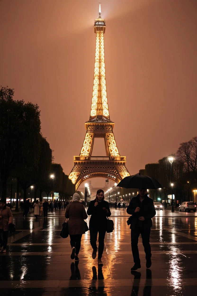 around Eiffel tower a few people with umbrella walking while it is raining at night and the Eiffel is seen complete