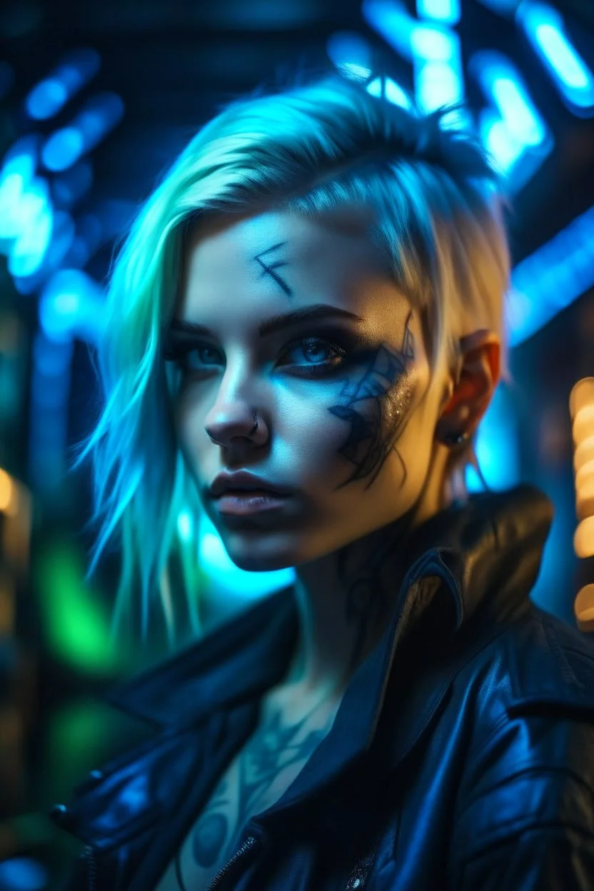 hyper real water color of blonde pierced cyberpunk Malkavian vampire portrait with clear blue-green eyes in moon light feeling in control in goth ruins patterned background, zeiss prime lens, bokeh like f/0.8, tilt-shift lens 8k, high detail, smooth render, down-light, unreal engine, prize winning