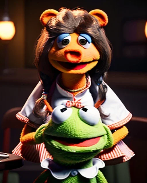 waitress British woman with muppet mask that covers her entire head, green, retro style, Sesame Street style, smooth, unreal engine 5, god lights, ray tracing, RTX, lumen lighting, ultra detail, volumetric lighting, 3d.