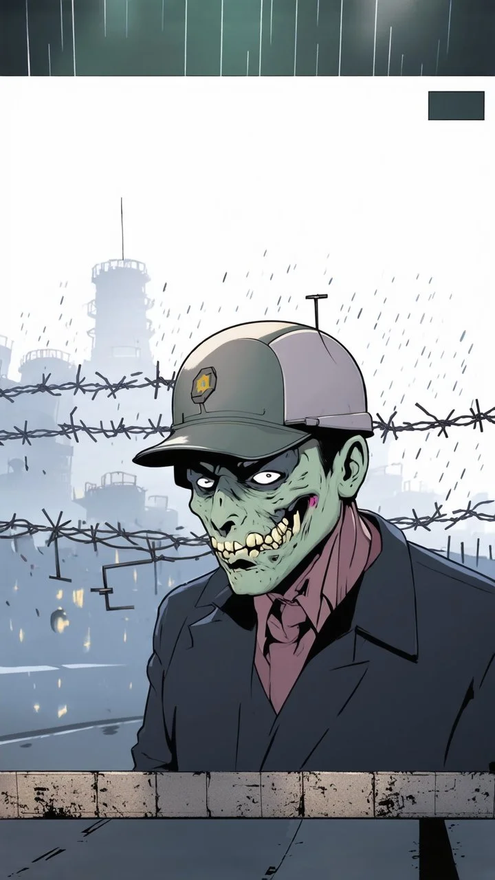 comic book style zombie apocalypse fortified bunker. Tall walls with military watchtowers, barbed wire fences. Post apocalyptic city setting. Road leading up to it. Night, rain