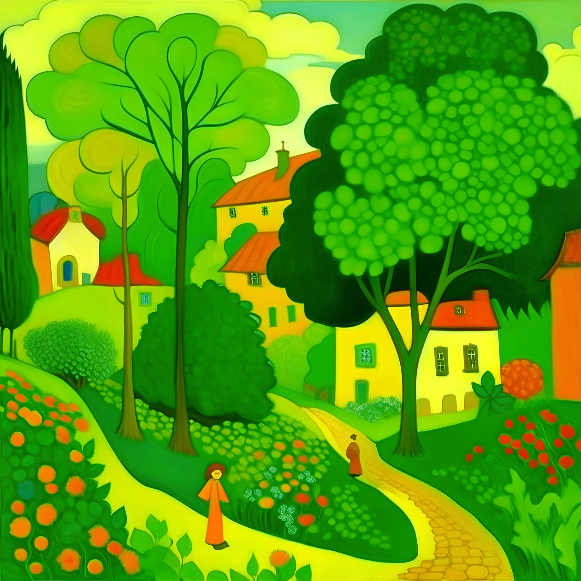 A green garden in a town painted by Paul Ranson