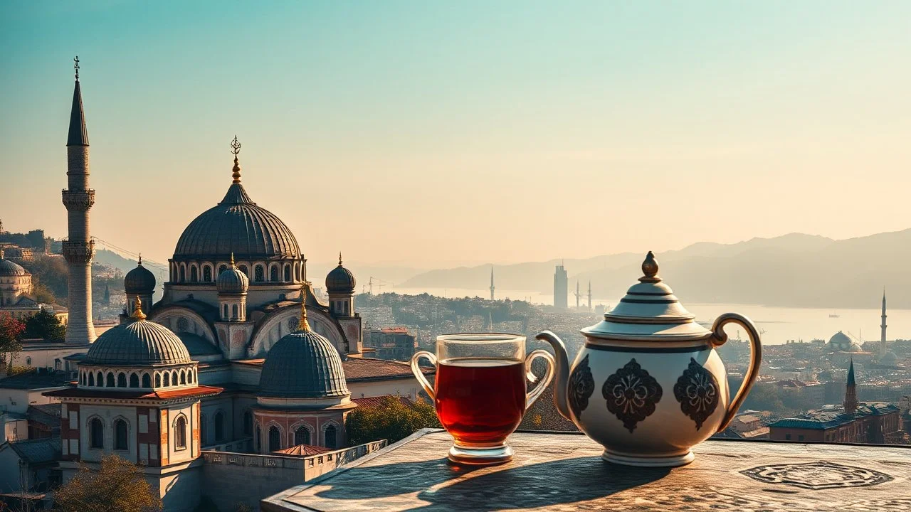 A symbolic image showing Turkey's culture as a bridge between Europe, Asia, and the Orient. Combine old and new: traditional domes, oriental ornaments, and tea with modern skylines and distant landscapes. Warm light, rich colors, harmony between tradition and modernity, no people, no text.