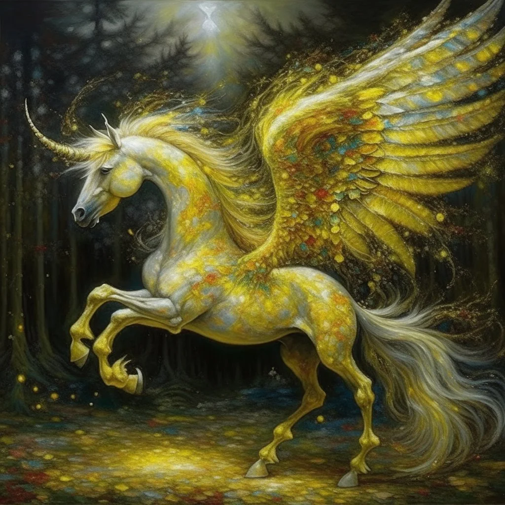 A yellow light elemental winged unicorn painted by Claude Monet