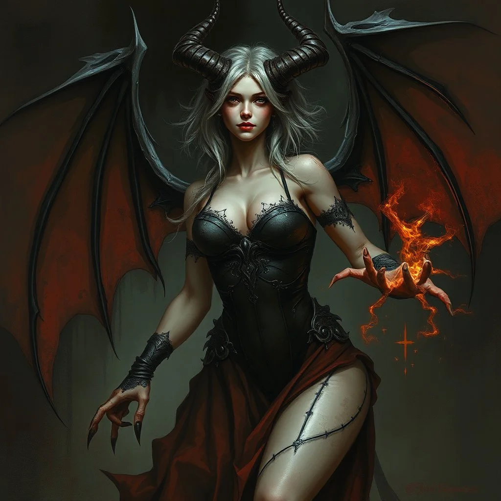female demon, dark fantasy, realism, stylised, fantasy, mystery