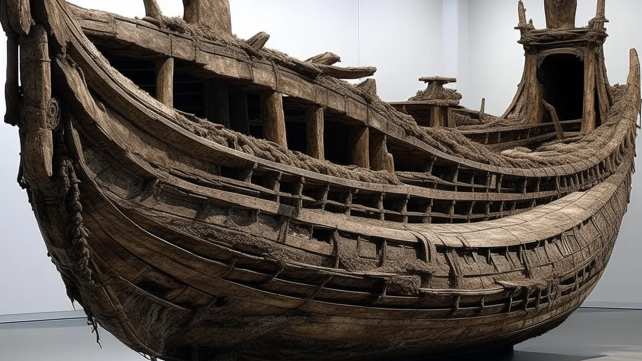 Embarcación_viva — Barco de madera erosionada y carne fosilizada, quilla como mandíbula abierta, ruinas de columnas integradas como costillas, luz interna húmeda, una figura con capa orgánica de tonos oxidados en la proa.