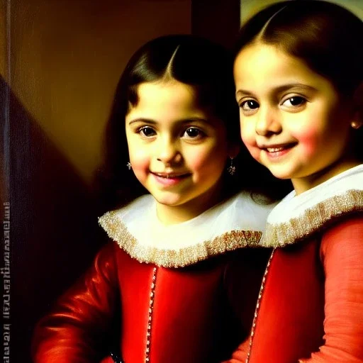 portrait of sisters Eira Santiago Arnau(ten year old, dark blonde) and Dalia Santiago Arnau (six year old, brunette) by Velazquez,smiling, oil on canvas, cinematic composition, extreme detail,8k,fit full head inside picture,