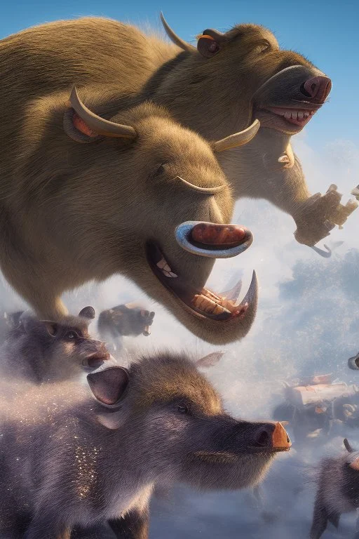 Animation image of warthogs running wild laughing, 8k high quality real life animation