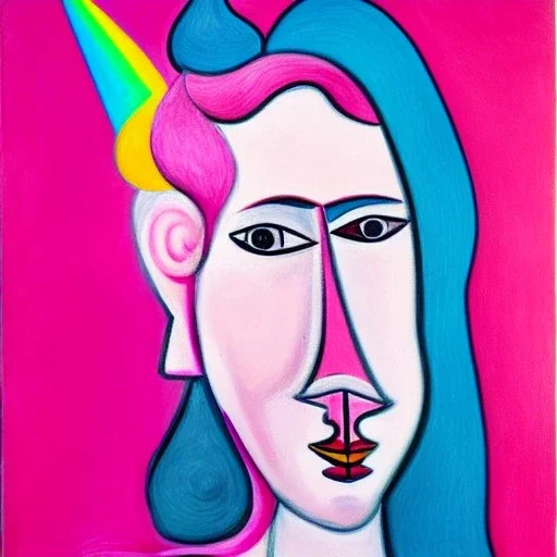 Retrato de una abuela muy guapa llamada Margarita Arnau montando un unicornio rosa con el estilo de Pablo Picasso