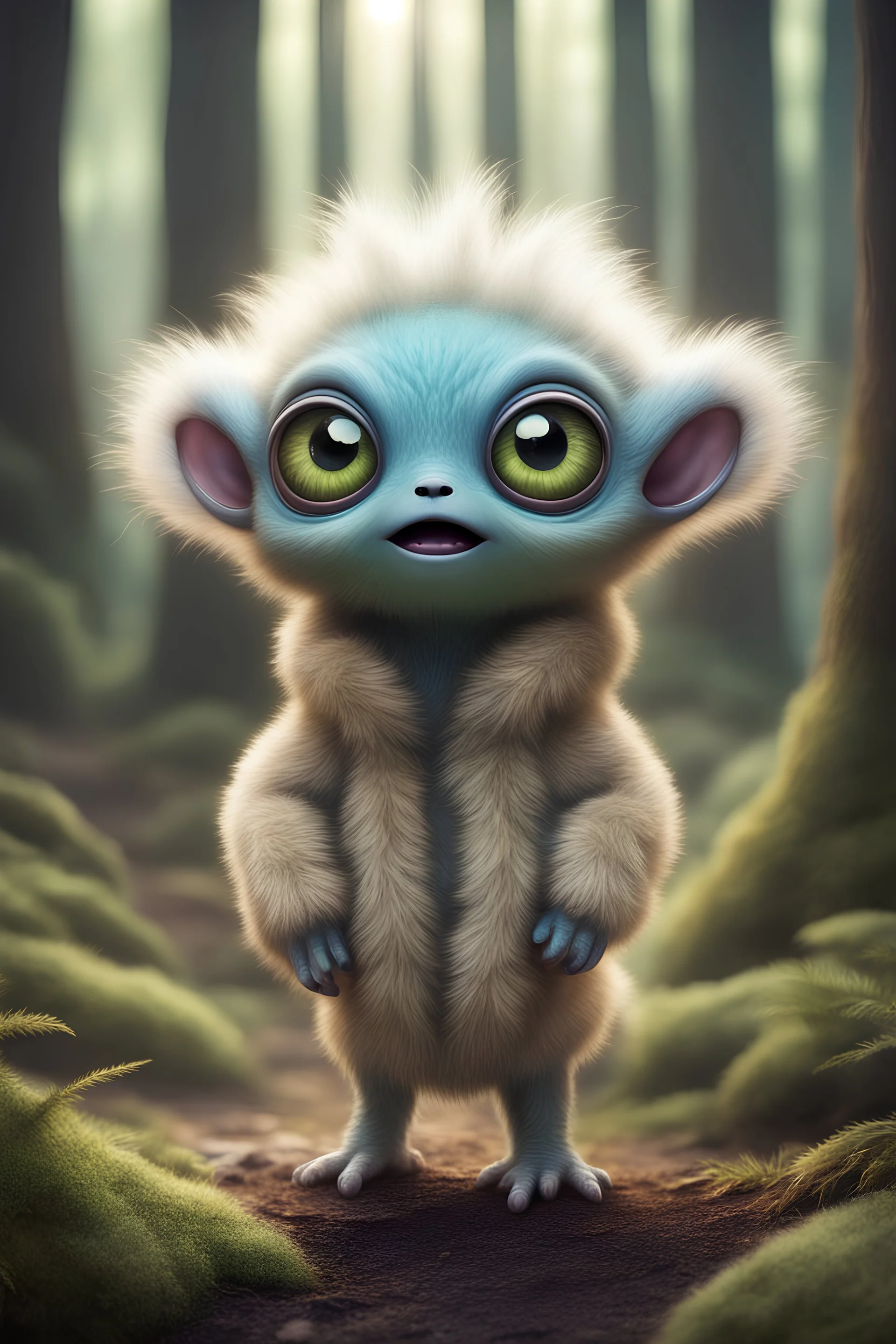 Cute alien creature,with fuzzy coat of fur, cute beedy eyes, forest setting, joyful expression