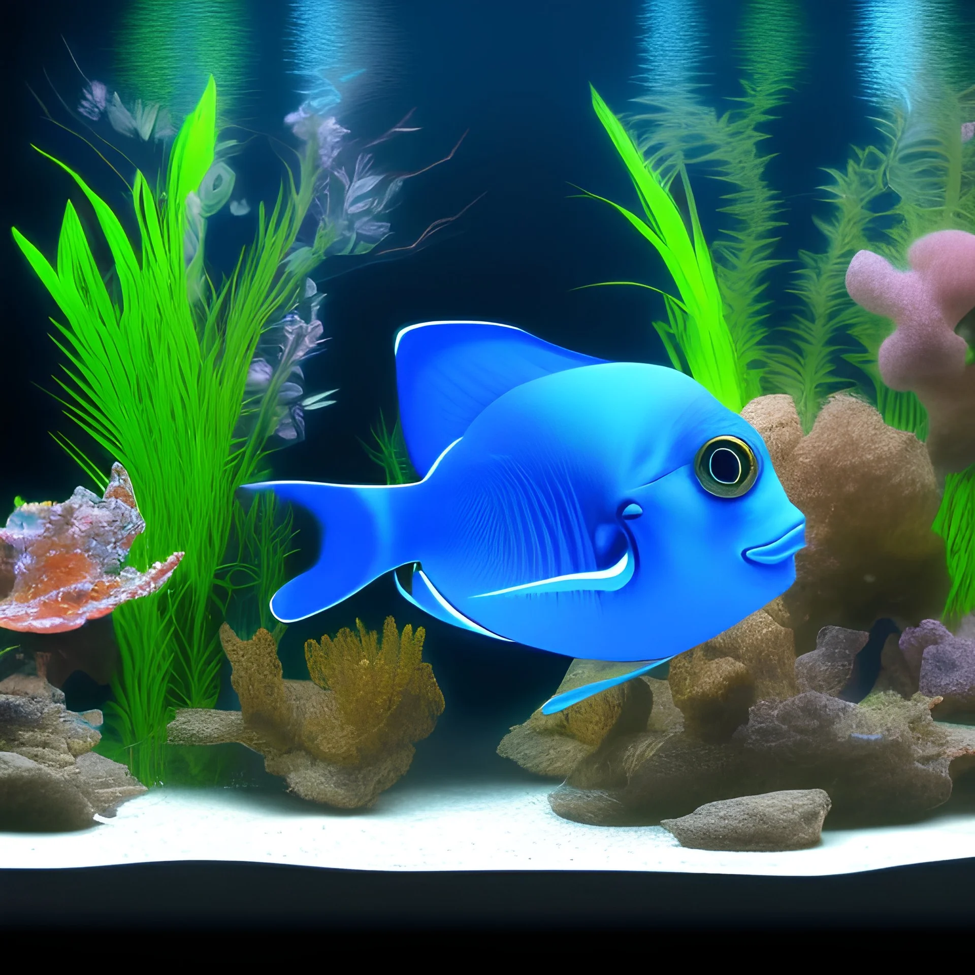 3D render of a cute tropical fish in an aquarium on a dark blue background, digital art