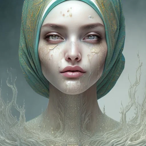 dripping, runnt, melting watercolor painting as woman's face, wearing hijab, fine detail, highly intricate, modern surrealism painting, fog, high-quality, volumetric lighting, 8k, ultrahd, George Grie, Marco Escobedo, Igor Morski,Brian Froud, Howard Lyon, Selina French,