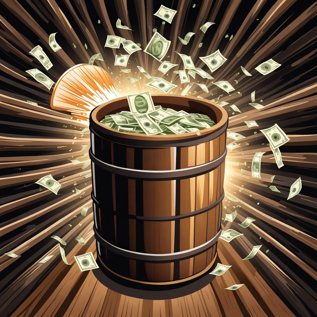 hand depositing money in the barrel, a wooden barrel : 1.5 ) money goes in from above and money comes out from below, ultra quality, vector graphics