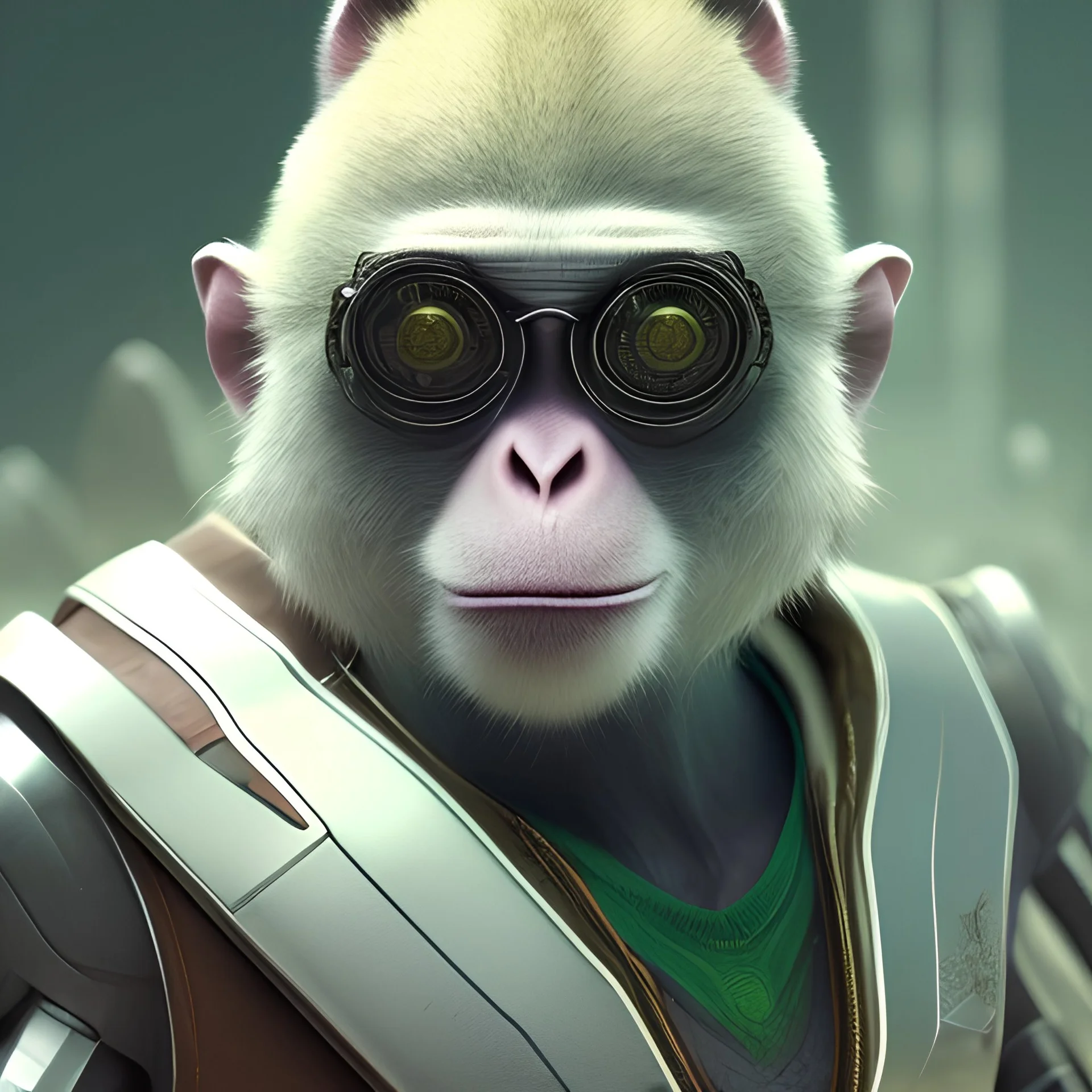 portrait male anthro monkey dressed character full body precis no blur, concept art, character sheet, nier automata, Alexander Mandradjiev cyberpunk, trending on artstation, featured on pixiv, hyper detail, cinematic composition, 8 k, detailed face, green face