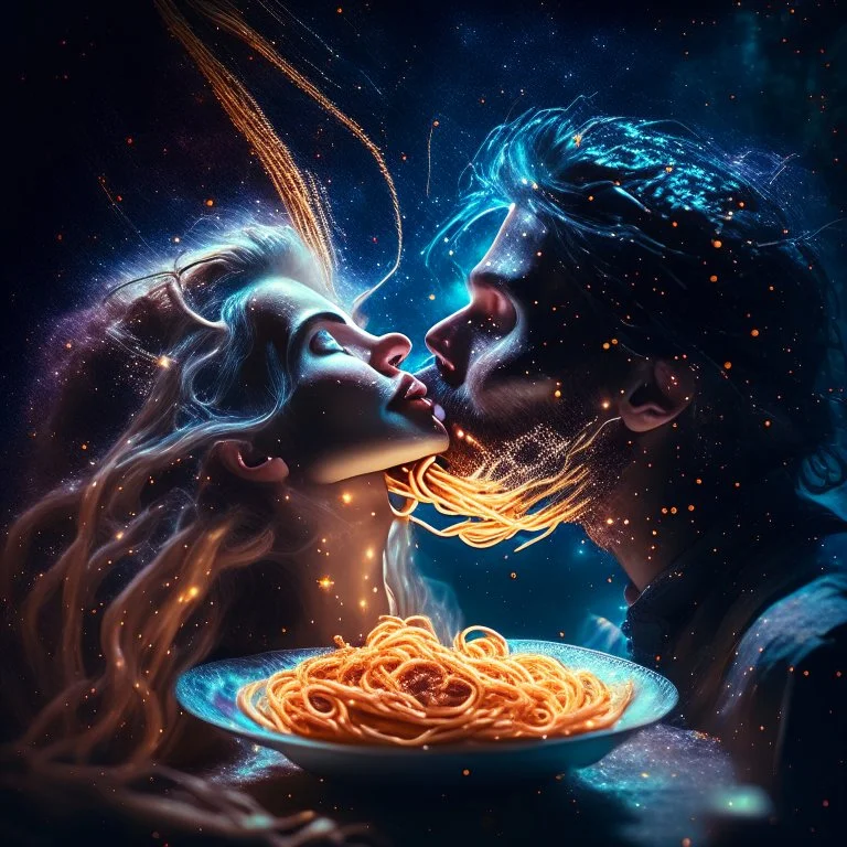 the lady and the tramp eating spaghetti, cinematic, epic glowing galaxy background, deep depth of field, 3D, constellation map, 16k resolution photorealistic, bokeh, a masterpiece by Alberto Seveso, breathtaking intricate details, realistic and lifelike cgi diorama, dramatic natural lighting, reflective catchlights, high quality CGI VFX fine art