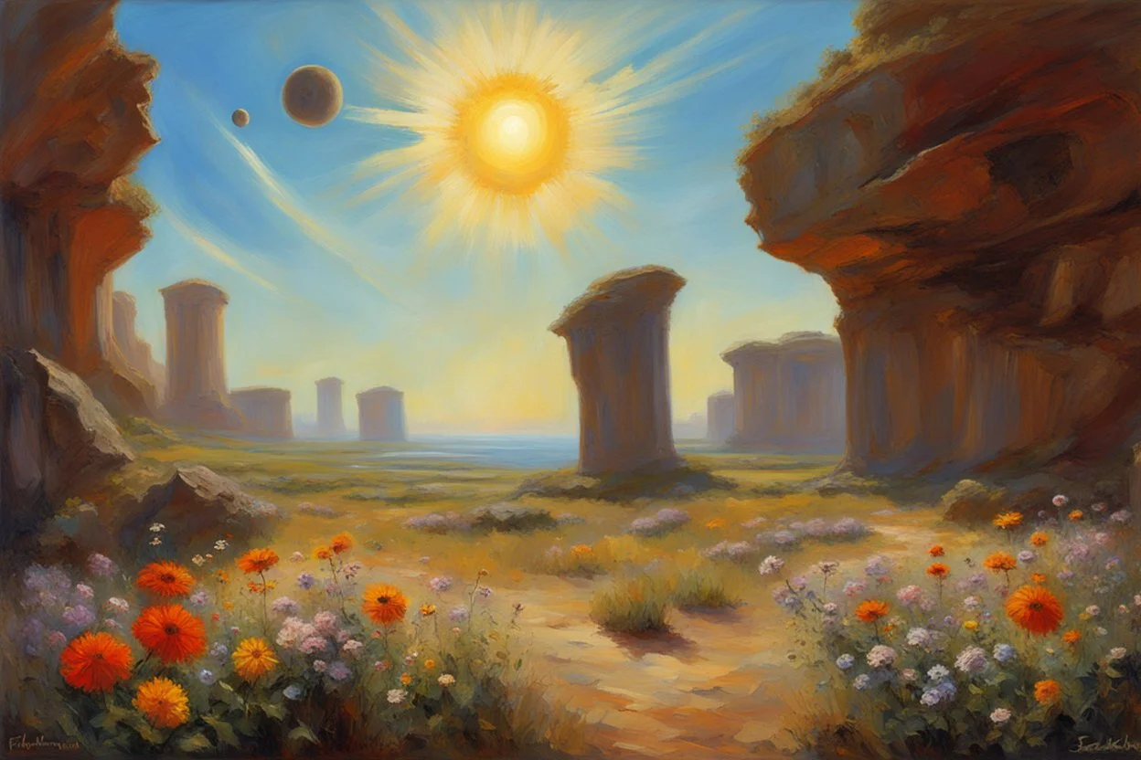 sunny day, planet in the sky, rocks, flowers, cliffs, sci-fi, friedrich eckenfelder and henry luyten impressionism paintings