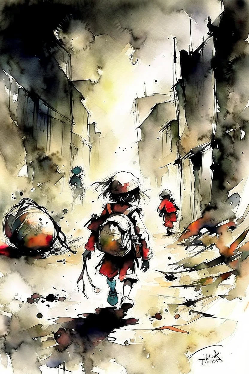 The nightmare small child having a bag pack walks in the streets, at war time , in the street with some soldiers illustration by Stephen Gammell