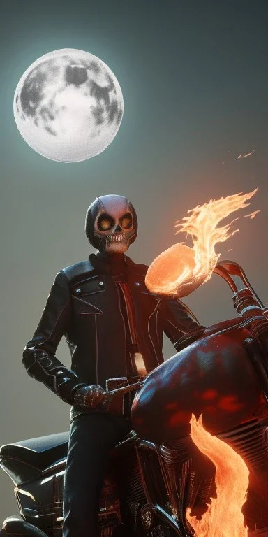 Ghost rider in hell with the moon in the background with fire