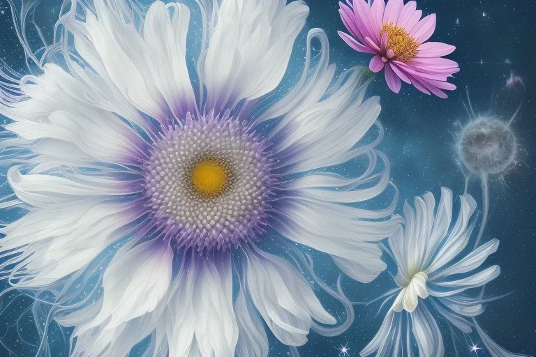 only one cosmic white flower in blue and pink cosmos