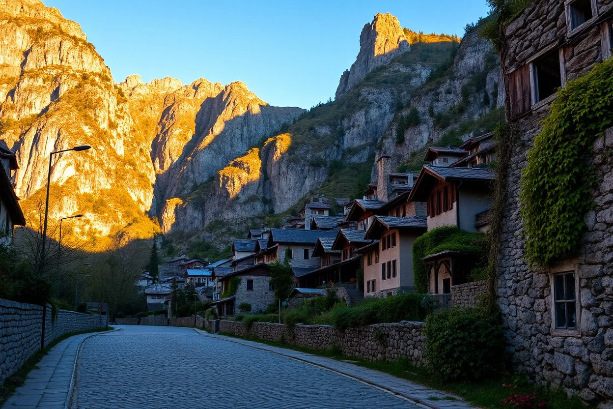 Medieval village from the perspective of a cobblestone road at sunset. The road and village continue to ascend into the mountains, with stone and wooden houses blending seamlessly into the rocky recesses of the mountain, reflecting the golden hues of the setting sun and the growing ivy. In the background, the majestic mountains feature large cultivated terraces and pronounced limestone gorges with hanging vegetation and meltwater streams.