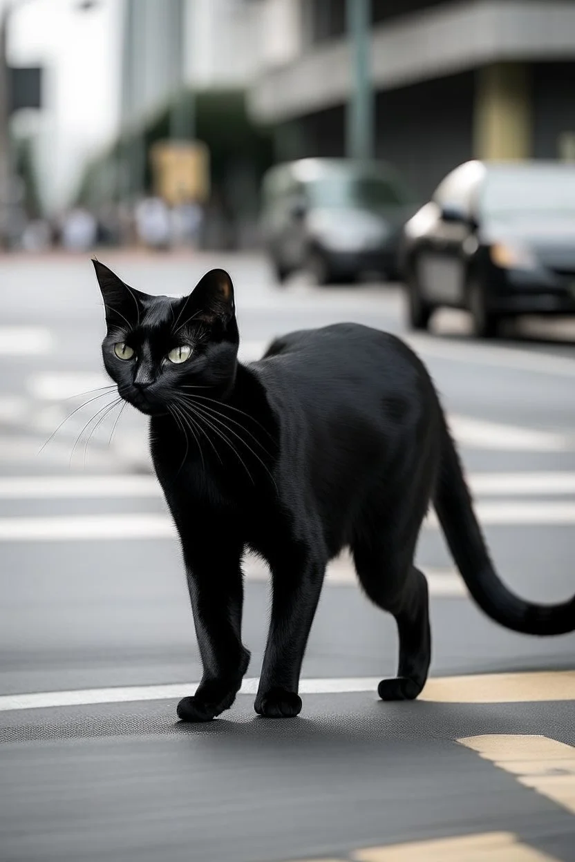 black thin cat crossing street