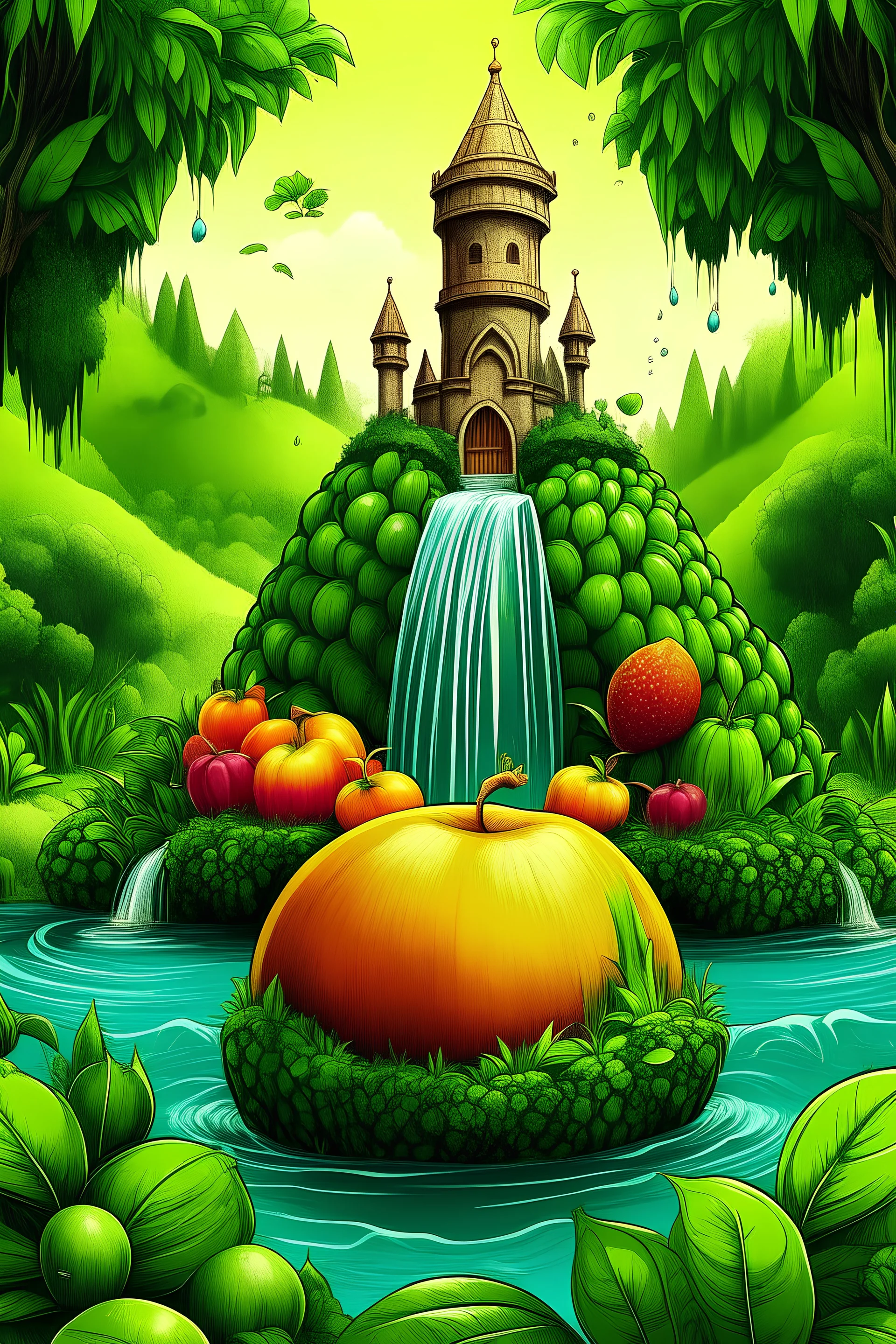 the juice kingdom add bottle juice in the river and create text THE JUICE KINGDOM nature