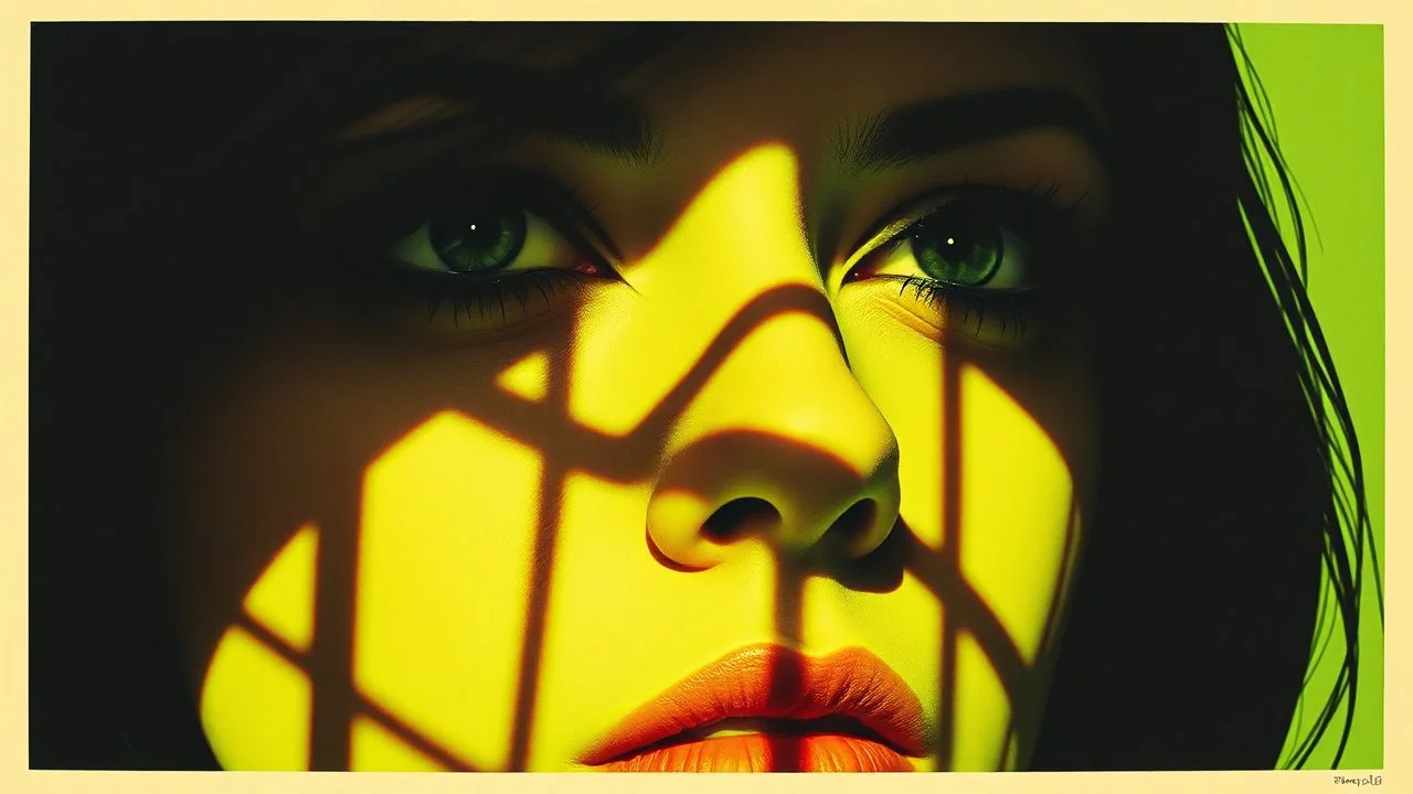 Primer plano de una mirada femenina fragmentada por sombras geométricas, paleta de colores verde lima y negro, estilo de cartel de serigrafía, textura de papel antiguo, alto impacto visual.