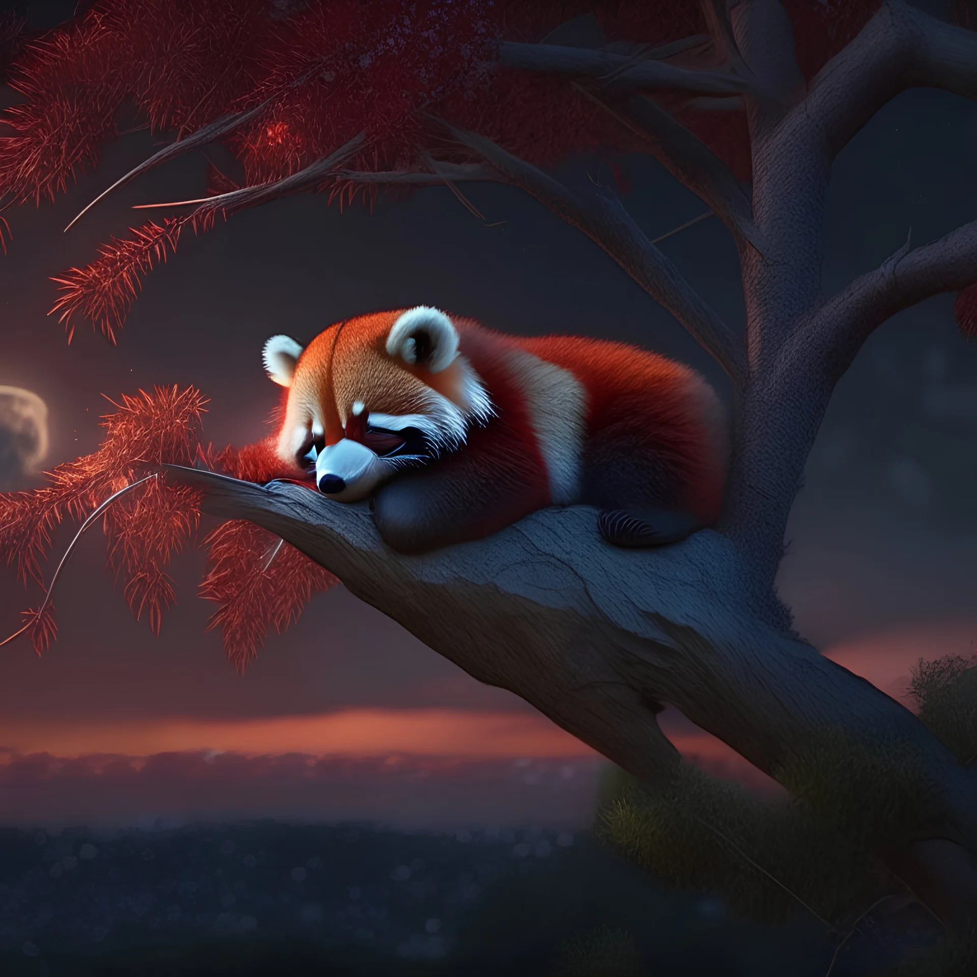 small red panda sleeping on tree branch. evening sky from distance, anatomy detail. 4K image