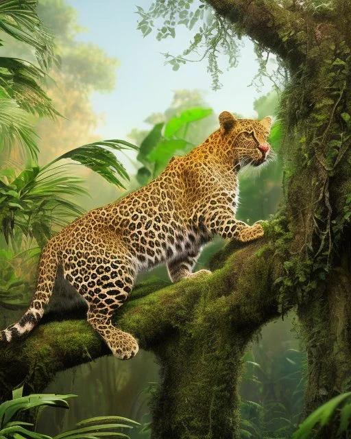 Leopardo en la Selva cuerpo completo árboles detallados elegante obra de arte colores contrastantes pintura al óleo detallada hiperdetallada impactante intrincada sombra 3D arte gráfica iluminación cinematografica 8k 3D cielo soleado nubes coherente