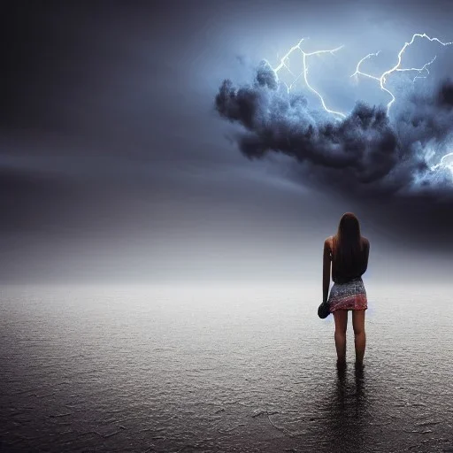 A princess standing. Epic scale. Heavy cold rain. Thunderstorm. Futuristic scenary. Gray mist.