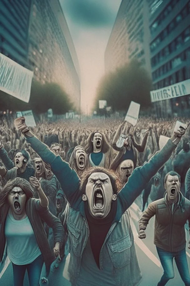 on an extremely large boulevard, a huge very angry crowd protesting, some with their hands in the air, others with placards. All look and run towards the camera. All the faces are angry and scary.