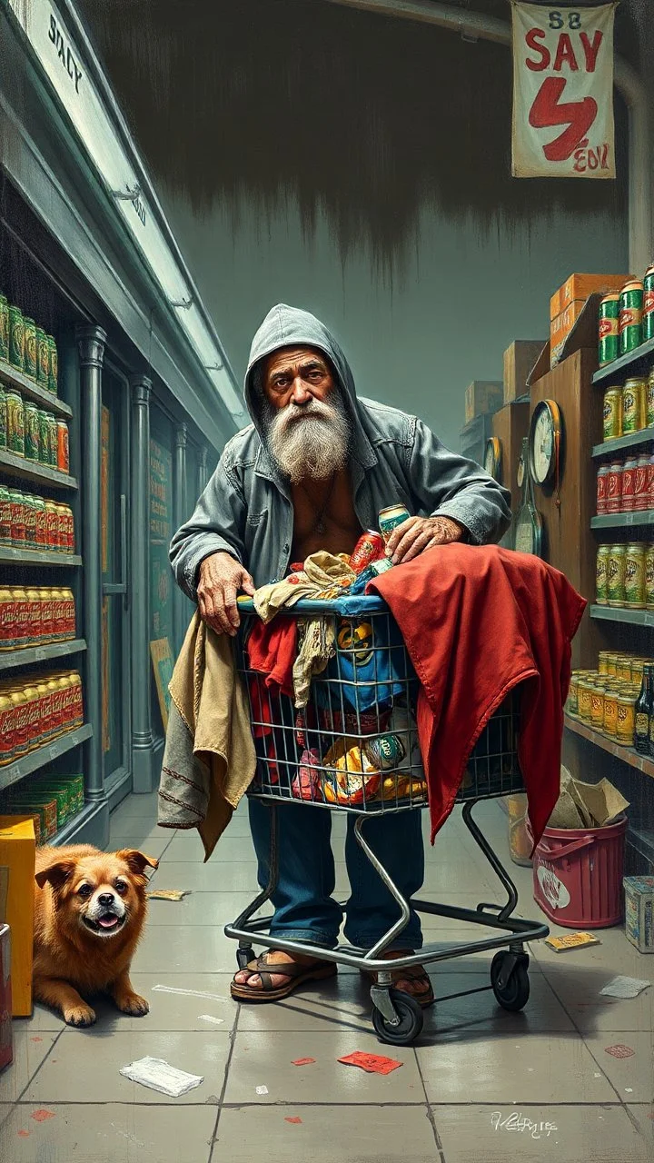 Bosh painting style nightmare, A homeless with supermarket cart has all his clothes and beer cans and dog