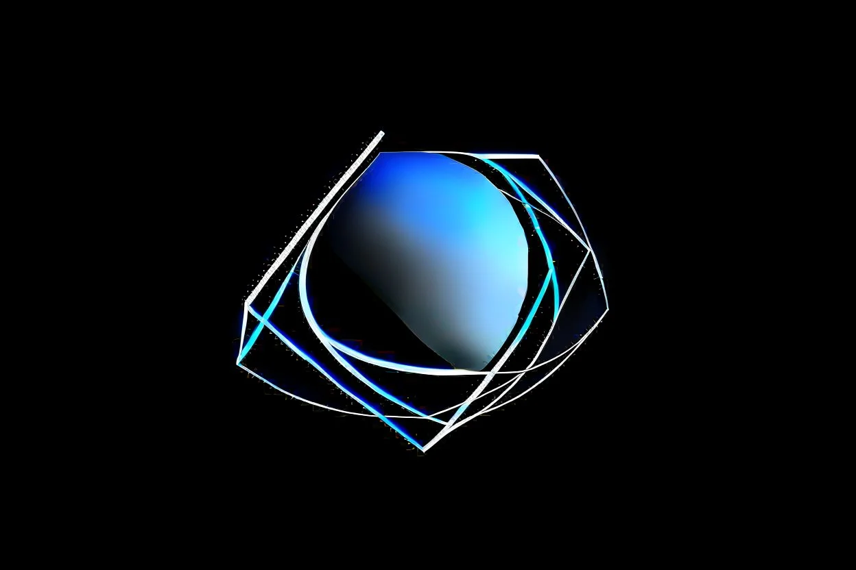 A minimalist and professional logo design for a 3D motion graphics studio. The icon features an abstract, geometric shape formed by flowing nodes and interconnected lines, symbolizing complex particle flow and procedural animation. Sleek, modern, and clean aesthetic. High contrast, vector style, white background, solid vibrant blue and deep charcoal grey color palette. Flat design, scalable, professional typography space underneath.add text "AI ART MAGIC By: Bbabakan" with pretty style.