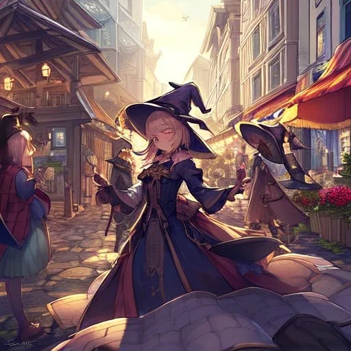  streetMarket, cute witch,town on top of hill,