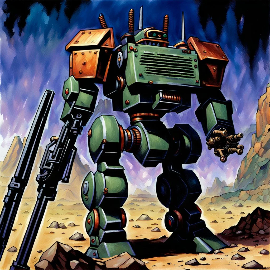 90's fantasy tcg art of a large machine gun robot