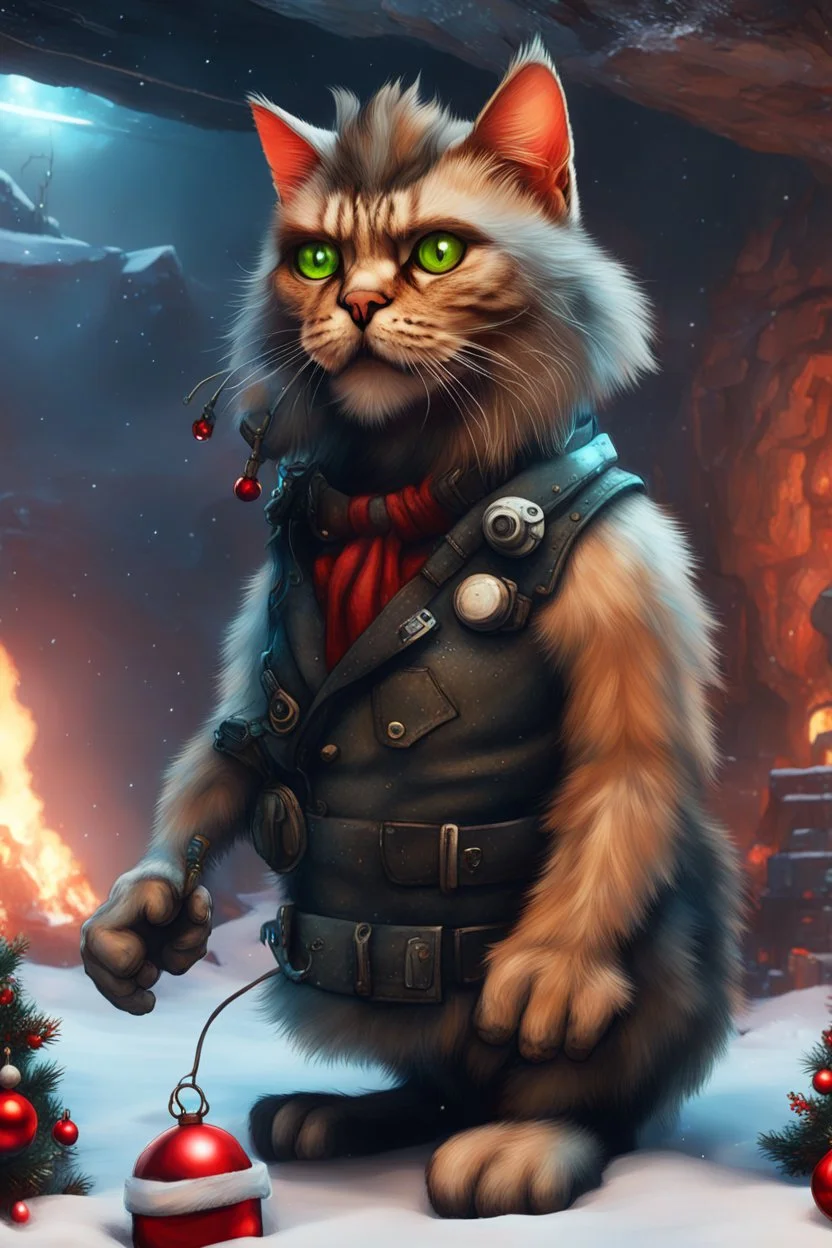 neanderthal cyberpunk cat xmas with club and cave fire in the style of fallout 4