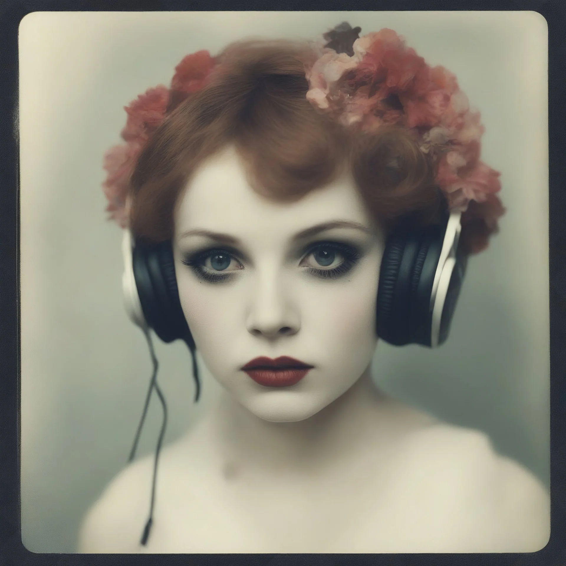 Grunge Polaroid head shot of doll-faced clara bow, natural pouty lips, red nose, hair adorned with flowers, rosy cheeks and rosy nose, headphone